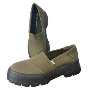 TOMS Women's 8.5 Alpargata Olive Green Combat Canvas Platform Chunky Loafer Shoe